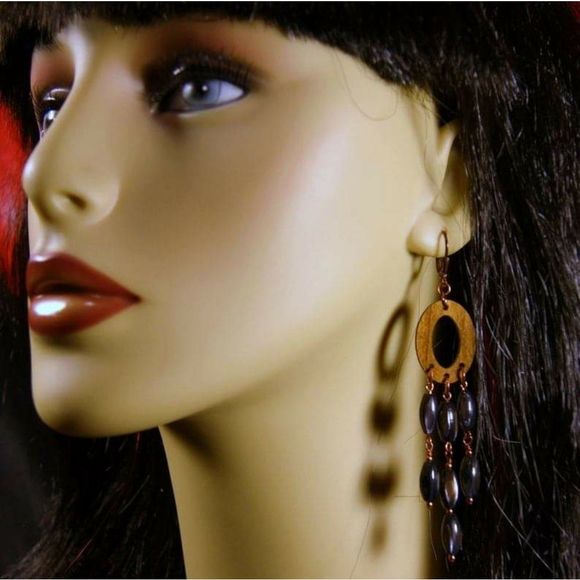 Handmade Shell, Copper & Wood Chandelier Earrings - Picture 2 of 5